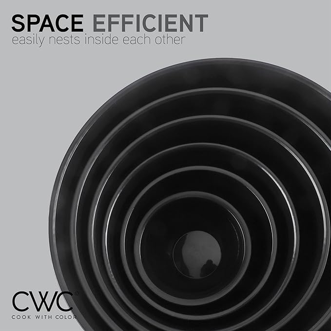 COOK WITH COLOR Mixing Bowls with Lids - 12 Piece Plastic Nesting Bowls Set includes 6 Prep Bowls and 6 Lids, Rhombus Design - Microwave Safe (Black)