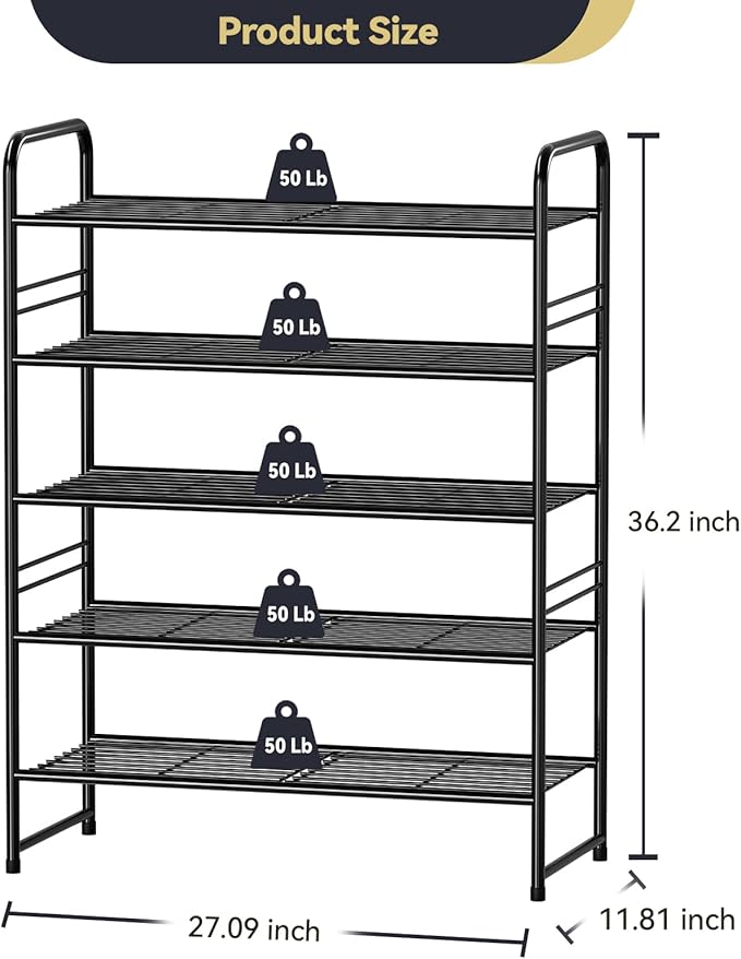 5-Tier 27” Wide Shoe Rack for Closet, Metal Stackable Shoe Shelf Organizer, Holds 18 Pairs Large Capacity, Black