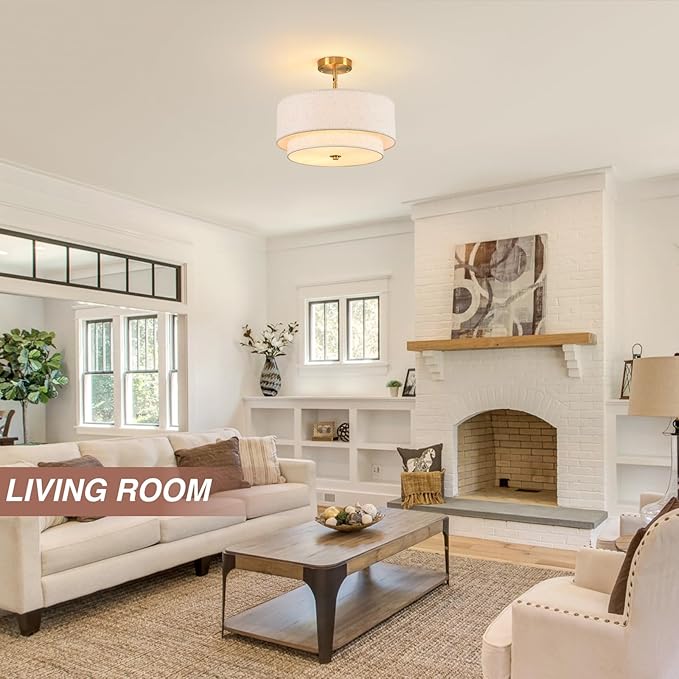 16" Semi Flush Mount Ceiling Light, Gold 3 Light Double Drum Fabric Lampshade Lighting Fixture for Living Room, Bedroom, Dining Room, Kitchen, Hallway (Swivel Canopy for Sloped/Flat Ceiling)