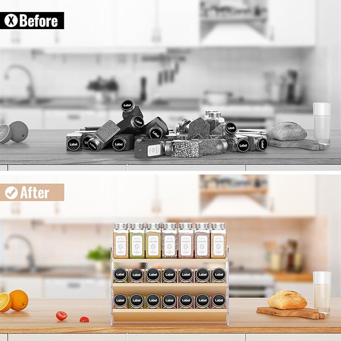 MUDEELA Clear Spice Rack Organizer for Cabinet, 3 Tiered Vertical Spice Shelf, Wooden Material, Seasoning Organizer for Countertop, Kitchen, Pantry, Freestanding, 13.3" W × 11.2" H (No Jars Included)