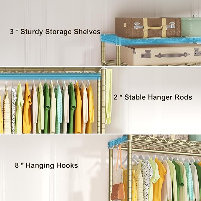 FUTASSI P3 Rolling Clothes Rack, Clothing Racks for Hanging Clothes, Heavy Duty Garment Rack with Wheels, Freestanding Portable Closet Organizer 39.4'' W x 14'' D x 78.5'' H, Max Load 464 LBS, Gold