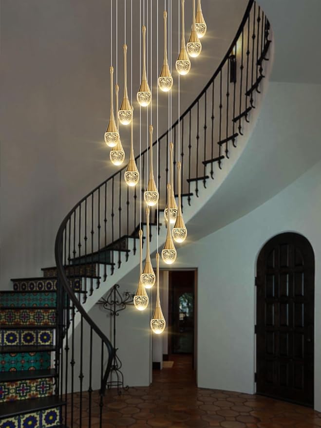 120'' Long Spiral Crystal Chandeliers 16-Lights Gold Bubble Raindrop Crystal Pendant Chandelier Staircase Slanted Ceiling Loft Fixtures LED Dimmable 2700-6000K