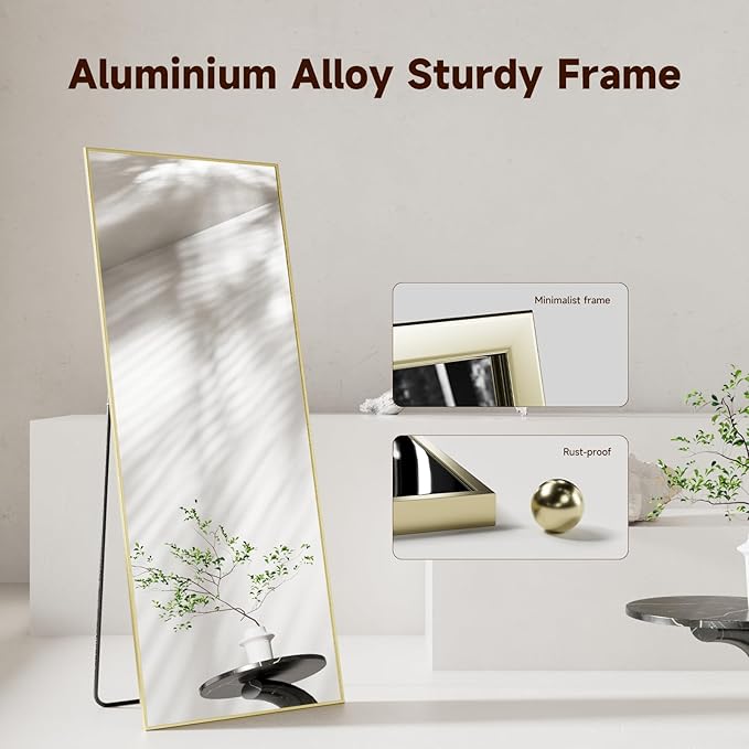 56"x15" Full Length Mirror, Gold Tempered Glass Rectangle Floor Standing Mirrors, Wall Mounted Hanging Aluminum Alloy Frame Bedroom Floor