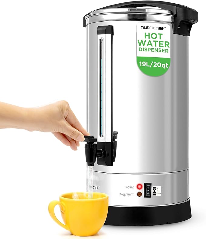 NutriChef Water Boiler and Hot Water Dispenser, 19L Electric Beverage Dispenser with Safety Lock Lid, Non-Drip Tap, Warm Function, Food Grade Stainless Steel, Home & Commercial Use, 19"x9"x9", Silver