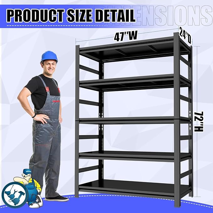 72" H|48" W Garage Shelving-Easy Assembly Heavy Duty Storage Shelves|5-Tier Adjustable Shelf Unit|Steel Waterproof Rust-Resistant Shelves for Industrial,Warehouse,Basement