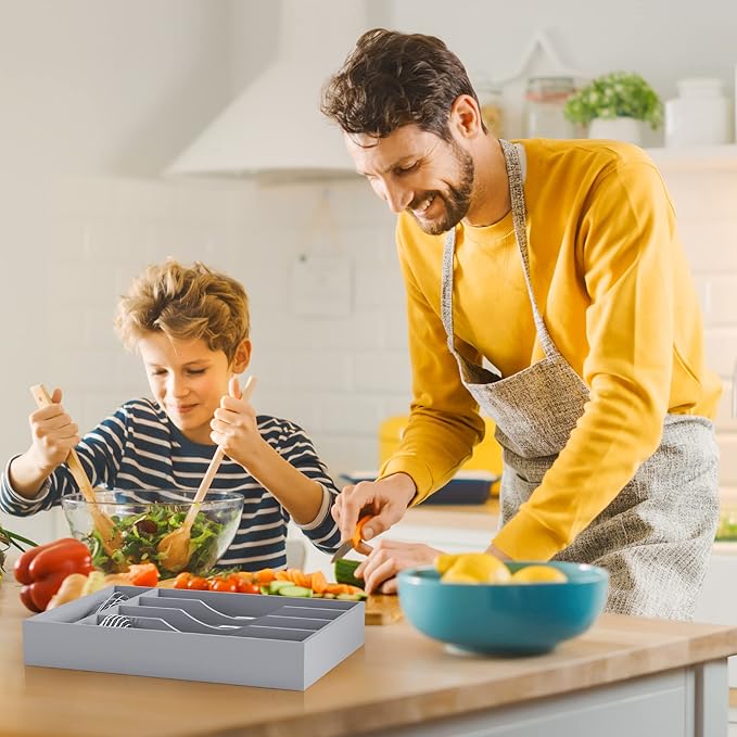 Bellsal Grey Utensil Organizer 10 Inch Silverware Tray for Drawer Utensil Holder Cutlery Organizer Kitchen Drawer Organizer 5 Compartment Small Narrow Bamboo