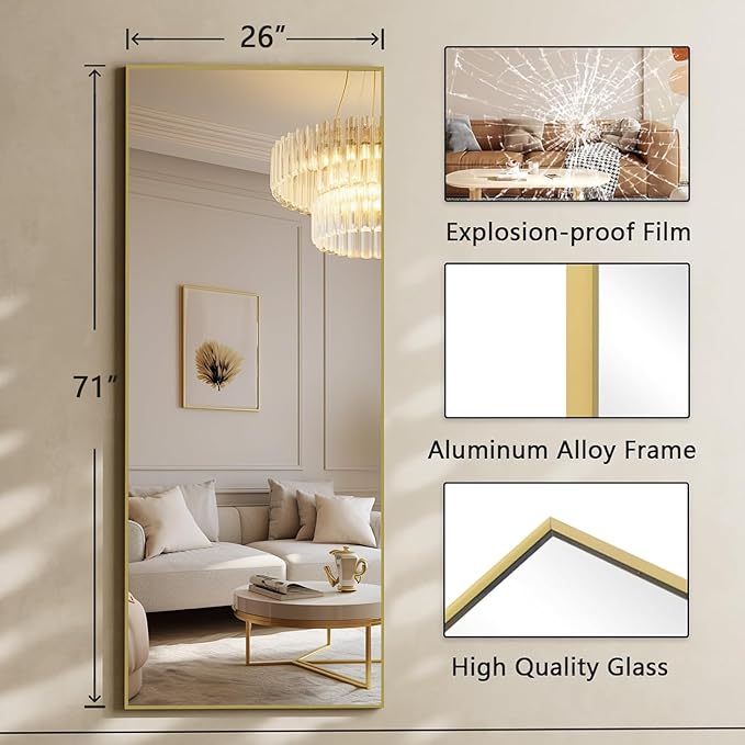 Koonmi 71"x26" Mirror Full Length, Standing Hanging or Leaning Against Wall Floor Mirrors, Full Body Floor Mirror for Bedroom Living Room, Gold