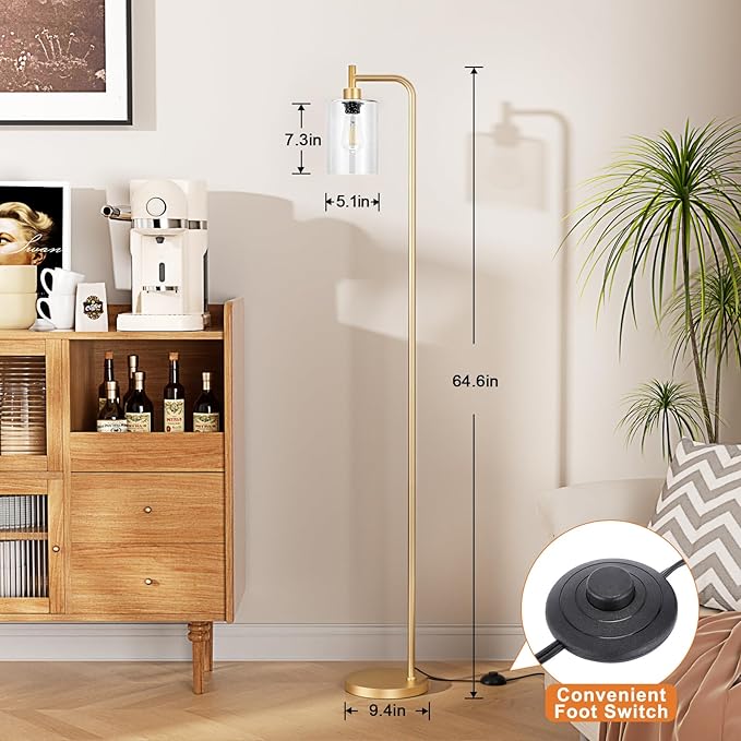 Floor Lamps for Living Room - Standing Lamp with Seeded Glass Shade, Modern Gold Floor Lamp with LED Bulbs, Bright Industrial Floor Lamp for Bedroom, Tall Lamp for Office - Gold