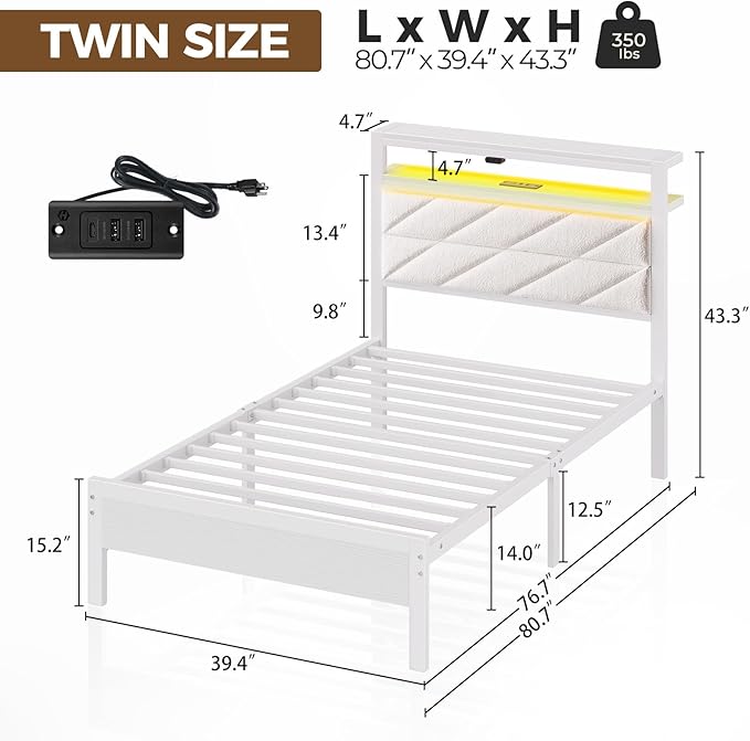 Seventable Bed Frame Twin Size with Charging Station, LED Bed with Upholstered Storage Headboard, Metal Platform Bed with Under Bed Storage, No Box Spring Needed, Noise Free, Easy Assembly, White