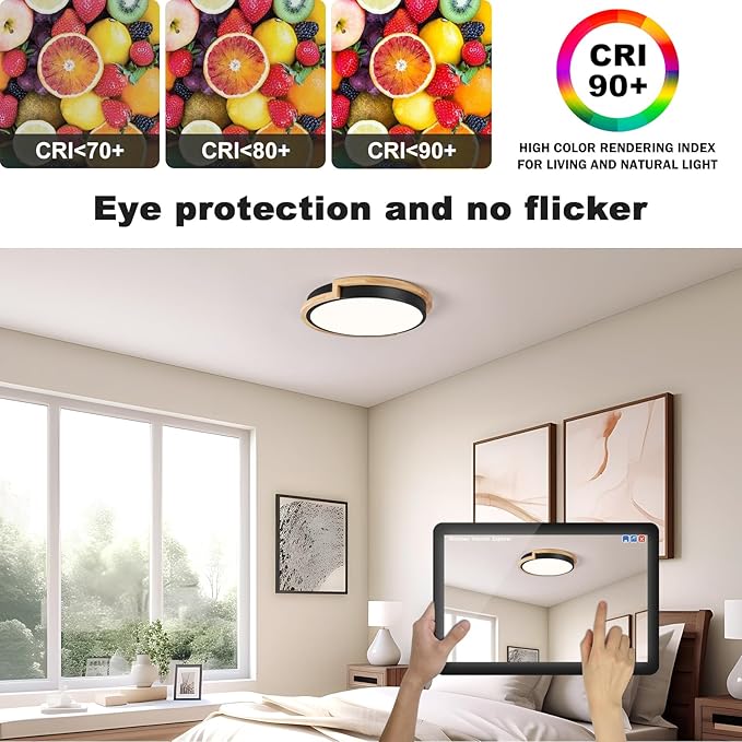 Modern LED Close to Ceiling Light, Round Shape Flush Mount Ceiling Light Fixture, Matte Black with Wood Accent, Minimalist Kitchen Lighting for Bedroom, Entryway, Laundry Room, Hallway 11.8in