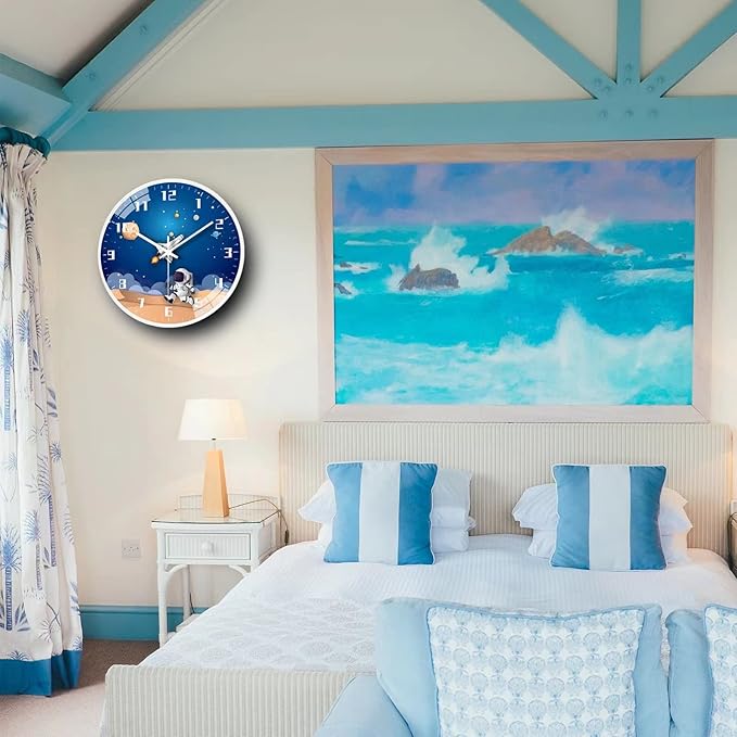 12 Inch Silent Movement Kids Wall Clock, Non Ticking Children Round Wall Clock Battery Operated Space Travel Style Decor Children Clock for Home School Boys Bedroom Living Room (White)