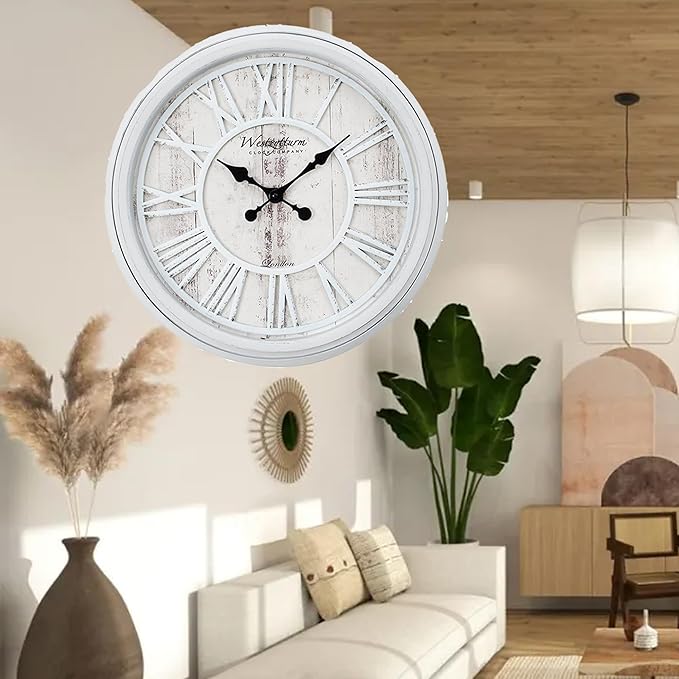 20 Inch Farmhouse Wall Clock, Vintage Wood Silent Non-Ticking, Battery Operated Retro Round Decorative Clock for Kitchen, Living Room, Bedroom,Office,Grey White