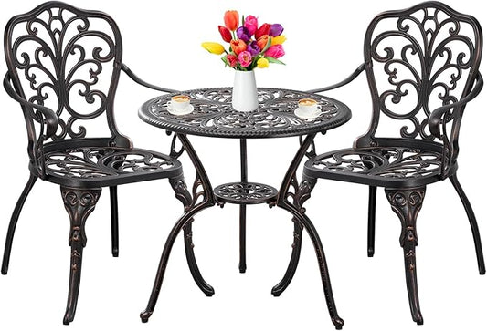 Outdoor Bistro Table and Chairs Set of 2 Cast Aluminum Patio Bistro Set with Umbrella Hole, All Weather Bistro Table Set for Garden, Suitable for All People, Bronze