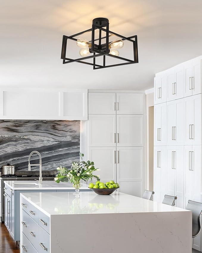 WILON Black Ceiling Light Fixture, 4-Light Farmhouse Light Fixtures Ceiling Mount, Modern Square Semi Flush Chandelier Ceiling Lamp for Kitchen Dining Room Bedroom Laundry Room Living Room