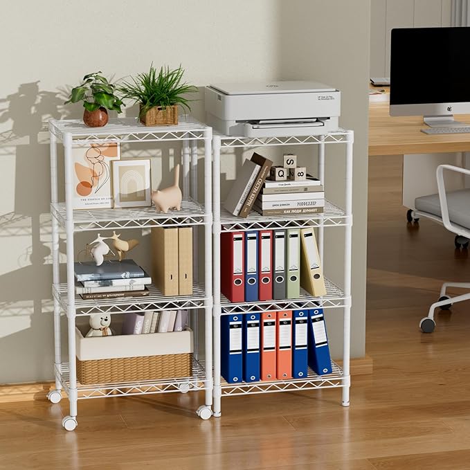Small 4 Tier Shelves Storage Wire Shelving Unit Metal Shelf Adjustable Organizers Storage Shelving with Wheels for Bathroom Laundry Room Kitchen Pantry12”D x 18”W x 44.8”H White