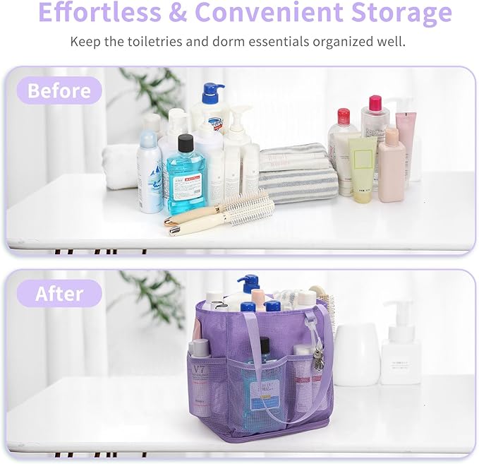 Mesh Shower Caddy Portable for College Dorm Room Essentials, Shower Tote Bag with Hanging Hook and Drawstring, Quick Dry Toiletry Bag with 6 Pockets for Bathroom, Swimming, Gym, Camping, Beach, Travel