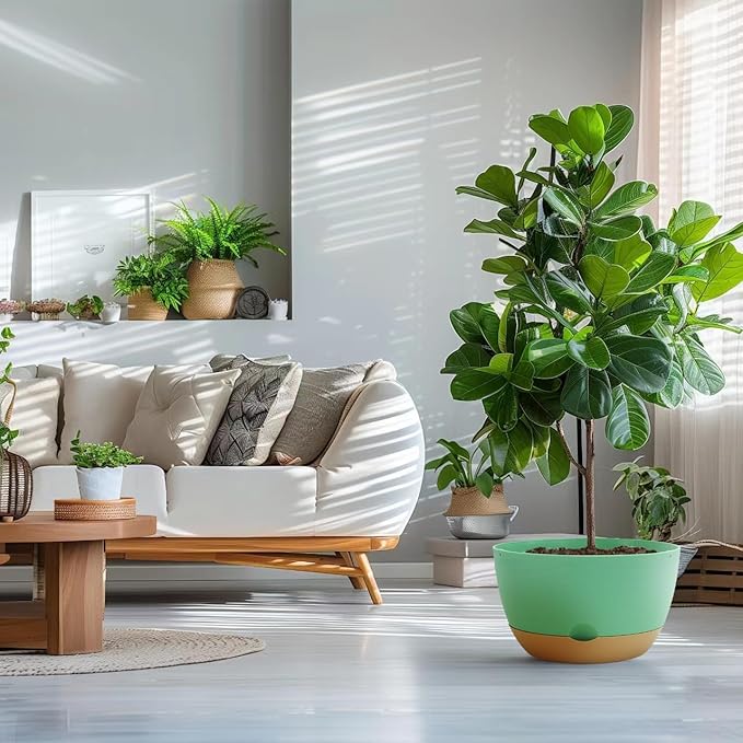 12 Inch Pots for Indoor Plants, Large Self Watering Planters with Drainage and Saucers, Plastic Outdoor Flower Pot, Set of 2, Green