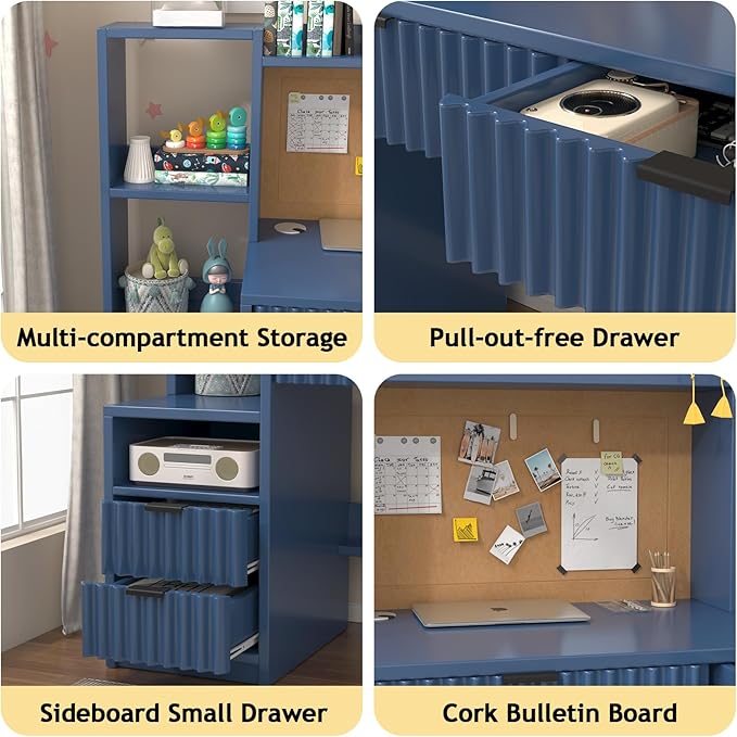 Blue Wooden Kids Fluted Desk and Chair Set,Kids Study Desk with Storage Shelves,Kids Study Table and Chair Set with 4 Fluted Drawers,Girls Study Desk for Kids with Hutch for Bedroom-p7P54u