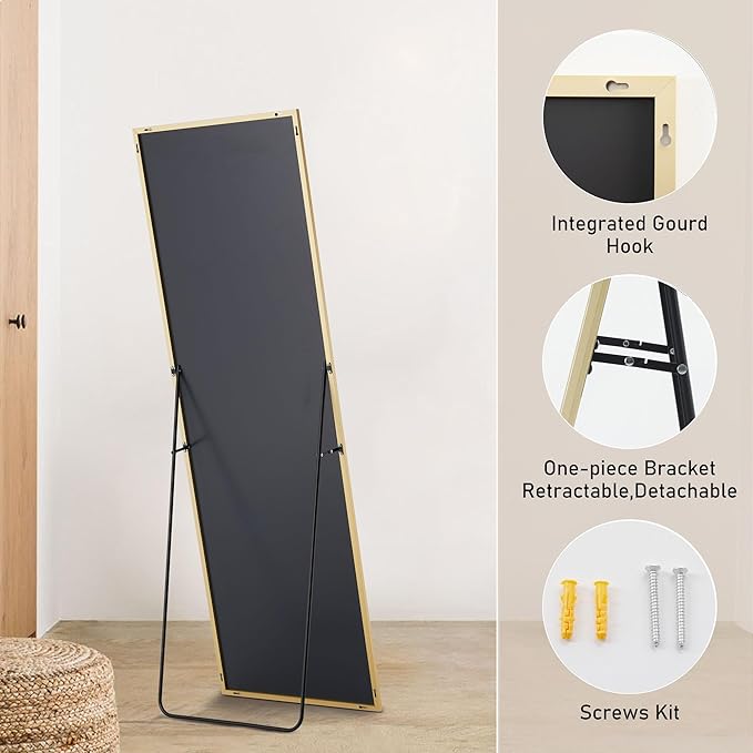 OLIXIS Full Length Mirror 64"x21" for Bedroom, Full Body Mirror with Stand, Hanging or Leaning for Wall, Aluminum Alloy Thin Frame Floor Standing for Living Room, Long, Gold