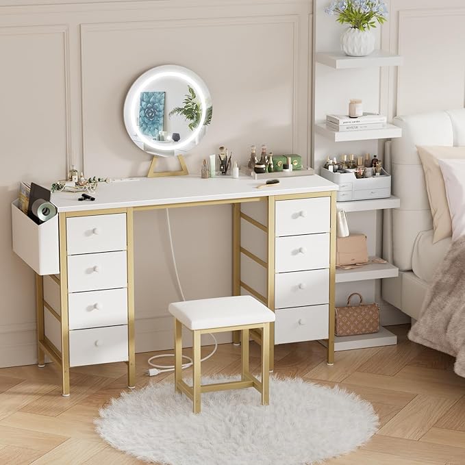 Large Vanity Desk with Mirror and Light- Makeup Vanity Set Table with Chair, Storage, Lighted Mirror, 8 Fabric Drawers & Power Outlet, Dressing Table Vanities for Girls Bedroom