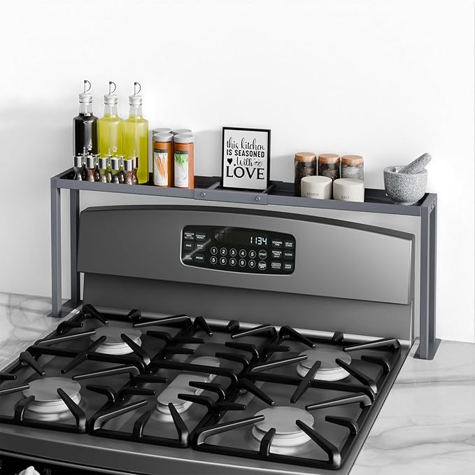 Bumusty Spice Rack Shelf for Kitchen Stove, 32" Stove Top Shelf, Adjustable Oven Spice Rack, Seasoning Organizer Kitchen Shelves, Grey