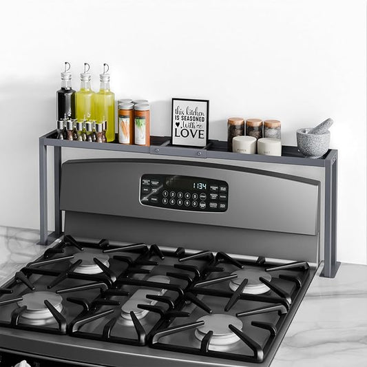 Bumusty Spice Rack Shelf for Kitchen Stove, 32" Stove Top Shelf, Adjustable Oven Spice Rack, Seasoning Organizer Kitchen Shelves, Grey