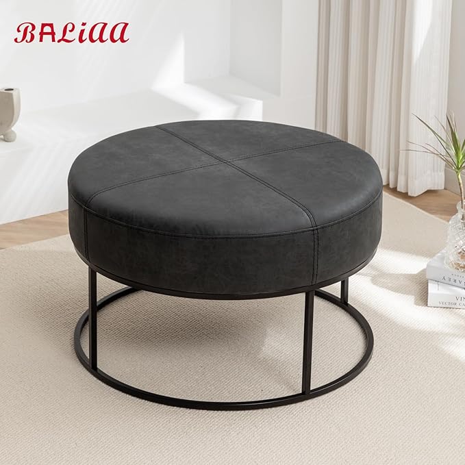 Modern Round Coffee Table, Farmhouse Ottoman for Living Room, Large Vintage Leather Coffee Tables with Leather Upholstered Padded Seat [Round, Vintage Black, 30'']