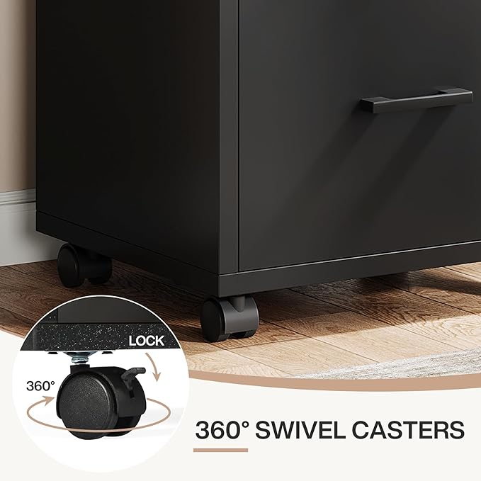 Triebsigns 3 Drawer File Cabinet, Wooden Office Filing Cabinet, Modern Rolling Printer Stand for Home Office, fits A4 or Letter Size, Under Desk, Black