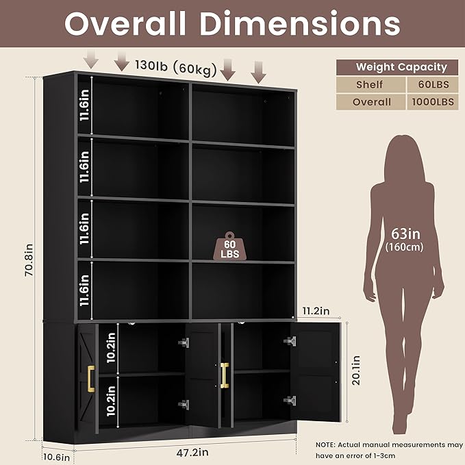 Black 6 Tier Bookshelf with Storage Set of 2, 71” Tall Farmhouse Bookcase with 8 Doors and Adjustable Shelves, Wooden Floor Standing Display Book Shelf Organizer for Home Office