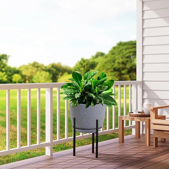 12/10/9 Large Modern Plant Pots, Plastic Planters with Drainage Holes and Saucers for Indoor Outdoor Plants Flowers, Grey Speckles