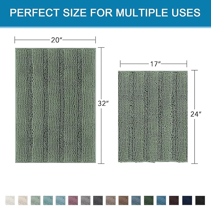 H.VERSAILTEX Bathroom Rug Set Bath Mats, 2 Piece Bath Mats Non Slip Thick Soft Chenille Striped Bath Rug Set, Bath Mats for Bathroom Sets (Green Bay, 20" x 32"/17" x 24")