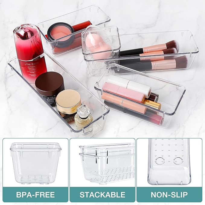 25 PCS Drawer Organizer Set, 4 Varied Size Bathroom and kitchen Drawer cabinet organizer Trays, Clear Storage Bins for Makeup, Jewelry, Utensils and Gadgets