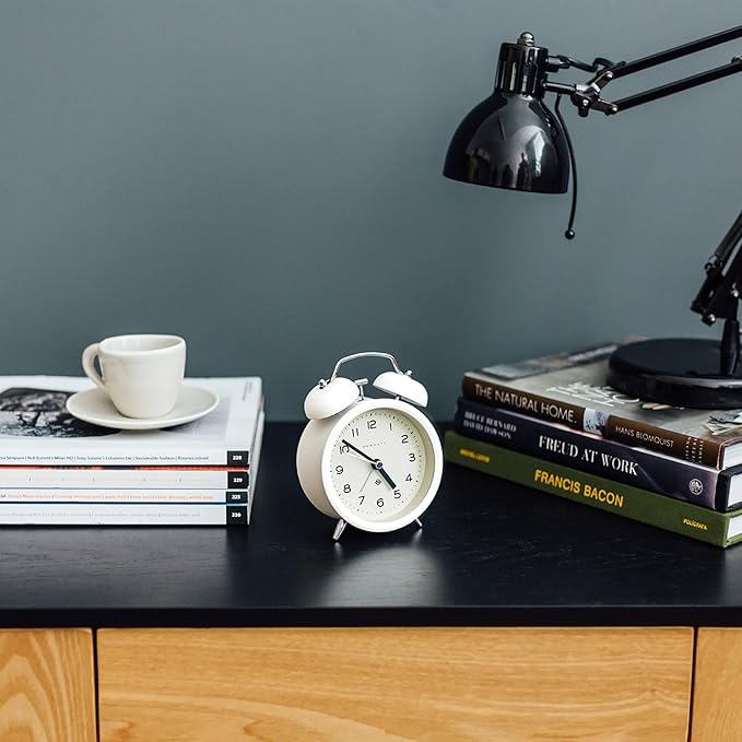 NEWGATE® Charlie Bell Echo Alarm Clock | Modern take on Classic Twin Bell Clock | White | Easy to Read Numbers | Ideal for Bedside, Desk or Shelf | Modern Retro Bedroom & Office Accessory