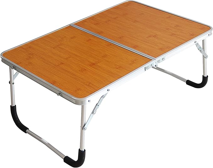 Foldable Laptop Table, Bed Desk, Breakfast Serving Bed Tray, Portable Mini Picnic Table & Ultra Lightweight, Folds in Half with Inner Storage Space (Bamboo Wood Grain)