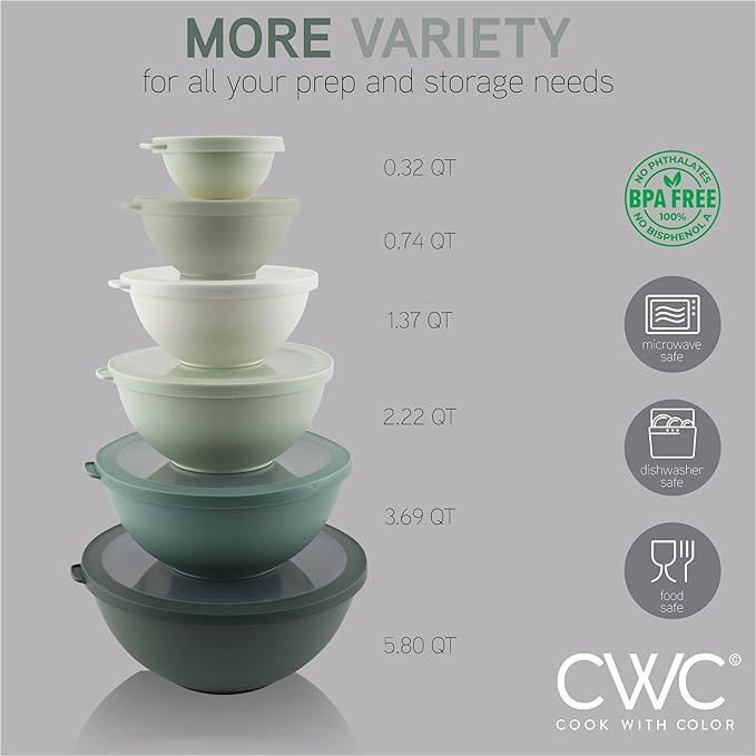 COOK WITH COLOR Mixing Bowls with TPR Lids - 12 Piece Plastic Nesting Bowls Set includes 6 Prep Bowls and 6 Lids - Microwave Safe (Sage)