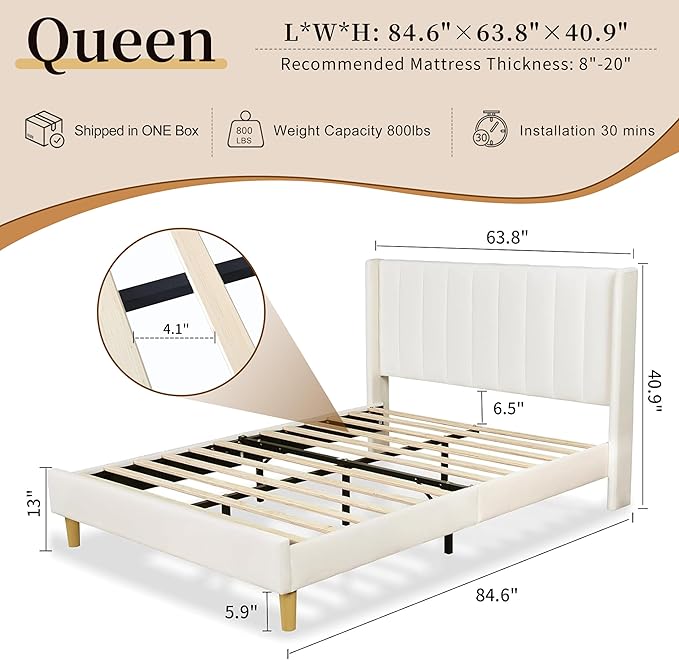 Queen Size Upholstered Platform Bed Frame with Modern Wingback & Vertical Panel Headboard, Velvet Fabric, Wooden Legs & Slats Support, No Box Spring Needed, Noise-Free & Easy Assembly, Cream