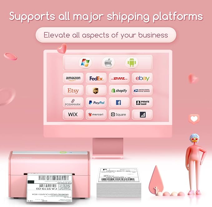 JADENS Bluetooth Thermal Label Printer -Wireless Shipping Label Printer for Small Business & Package, USPS, Etsy, Amazon, Compatible with iPhone, iPad, Mac, Windows, Android, 4x6, Label Maker, Pink
