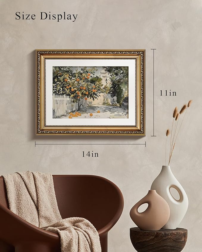 VIYYIEA Gold Framed Wall Art Canvas Print for Living Room Country Orange Trees Earthy Room Decor Aesthetic Oil Painting Wall Picture Farmhouse Artwork for Kitchen Bedroom Bathroom Decor 11x14in