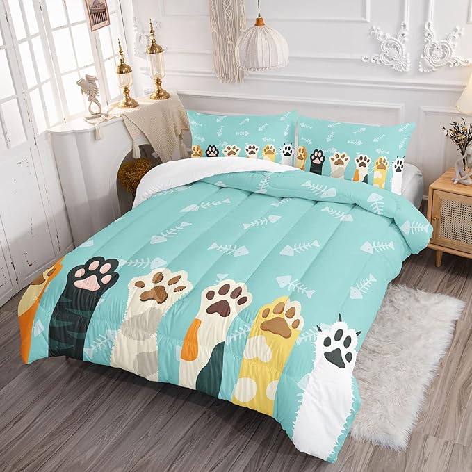 Cat Paws Comforter Bedding Set for Kids Teens,Cartoon Cat Paws and Fish Bones Pattern Lightweight Cyan Comforter with 2 Pillowcases,3pcs(Cat Paws Full)
