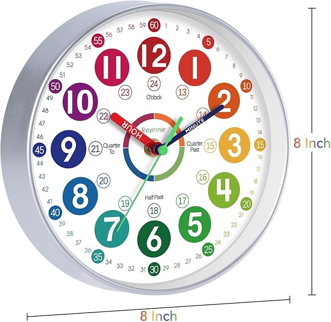 Learning Clock for Kids Learning to Tell Time Easily Colorful Teaching Time Clock Silent Non Ticking Battery Operated Decorative for Kids Room Classroom School Bedroom (8 Inch)