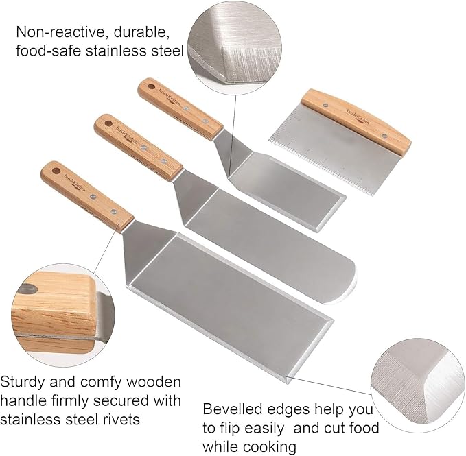 Professional Griddle Spatula Set – 4-Piece Flat Top Grill Tool Kit for BBQ, Hibachi & Outdoor Cooking – Heavy Duty Stainless Steel Griddle Spatula, Flipper, Turner, Chopper/Scraper with Wooden Handles