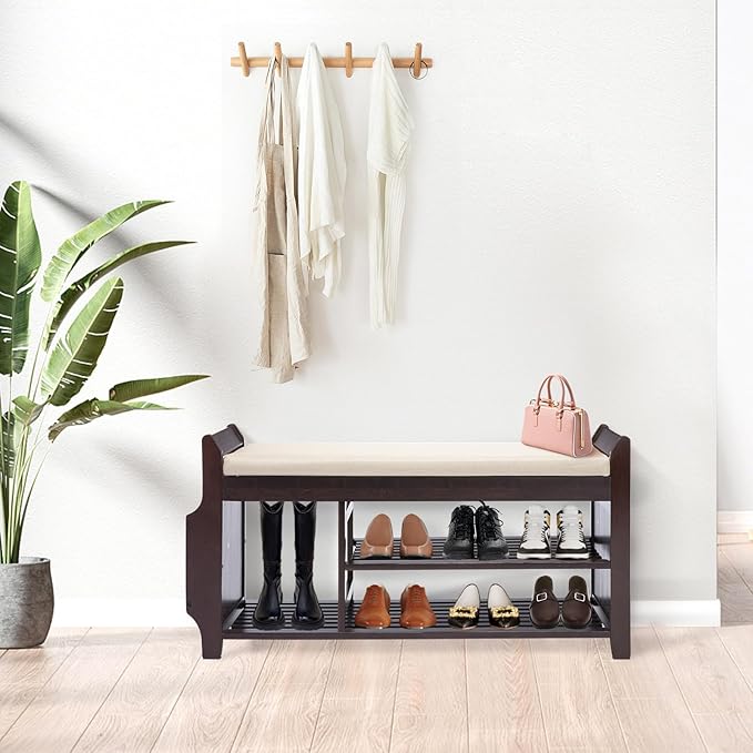Bamboo Shoe Storage Bench, 3-Tier Shoe Rack with Padded Seat Cushion, Shoe Organizer Shelves for Entryway, Living Room, Bedroom, Hallway, White 39”