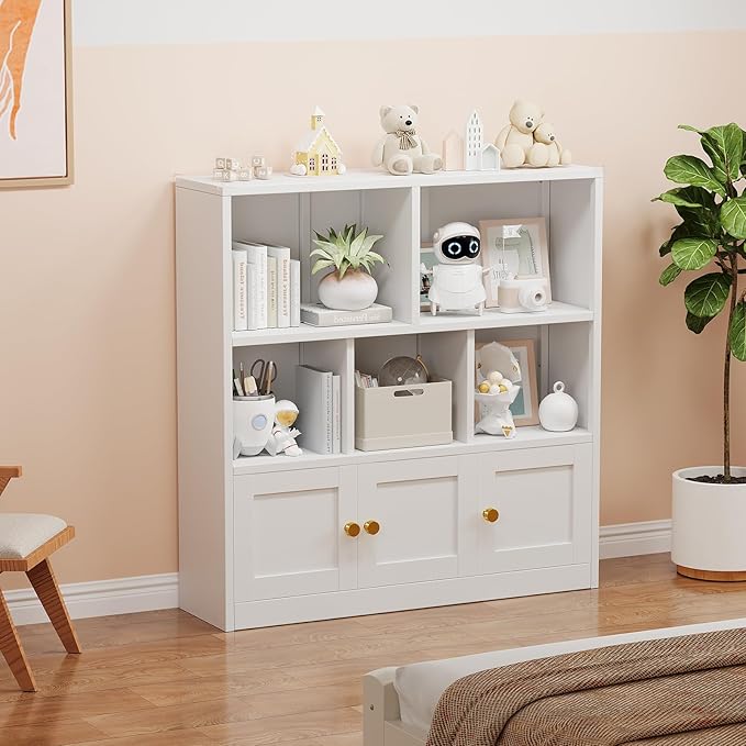 Toy Storage Organizer and Metal Kids Bookshelf with 3 Storage Cabinet and 5 Open Shelves, Multifunctional Display Shelf for Bedroom & Playroom, Ideal for Organizing Books, Toys & Decor, White