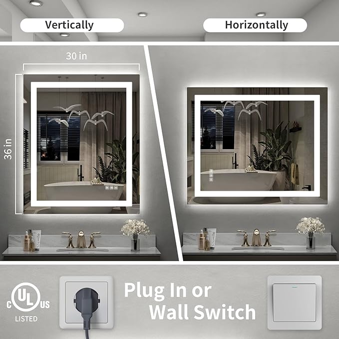 LED Mirror for Bathroom, 30x36 Inch Backlit + Front Lighted Bathroom Vanity Mirror with Lights for Wall, Double Light Strips, 3 Colors, Shatter-Proof, Anti-Fog and Brightness Memory