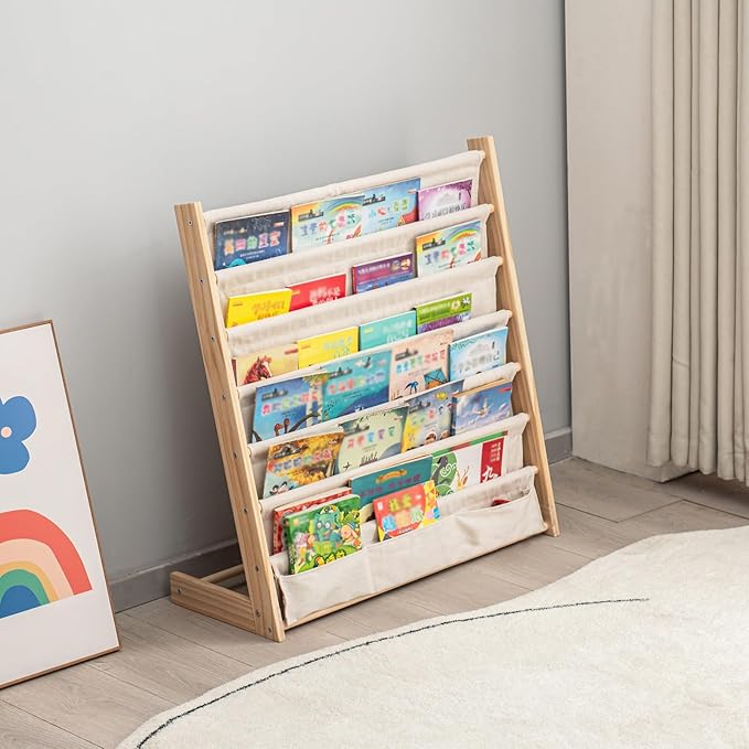 7 Tier Wood Bookshelf for Kids Books Storage Organizer Natural Wooden Book Shelves for Study Room Living Room (29.52" L x 11.81" W x 31.10" H)