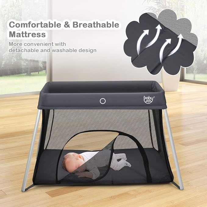 BABY JOY Baby Foldable Travel Crib, 2 in 1 Portable Playpen with Soft Washable Mattress, Side Zipper Design, Lightweight Installation-Free Home Playard with Carry Bag, for Infants & Toddlers (Grey)