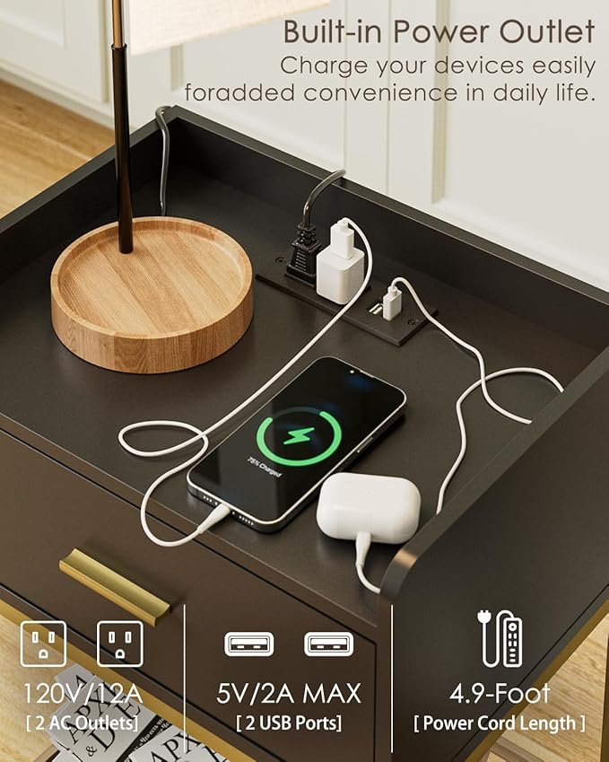 Masupu Nightstand with Charging Station,3-Tier Modern Bedside Night Stand with Storage Drawer and Shelf,Small End Side Table for Bedroom,Living Room,Gold and Black