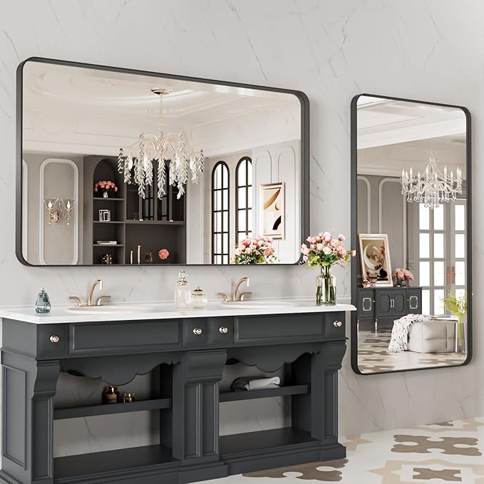 LOAAO 48X28 Inch Black Metal Framed Bathroom Mirror for Wall, Matte Black Bathroom Vanity Mirror Farmhouse, Anti-Rust, Tempered Glass, Hangs Horizontally or Vertically