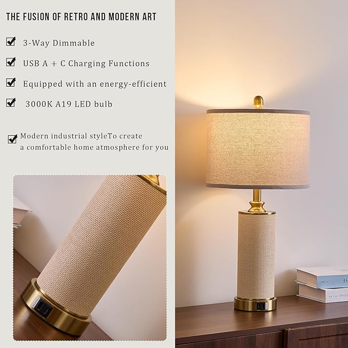 Gold Farmhouse Rattan Table Lamps Set of 2, Touch Control Desk Lamps, 3 Way Dimmable Grass Rope Large BedsideTable Lamp with USB A+C for Living Room/Bedroom/Office(2 LED Bulbs Included)