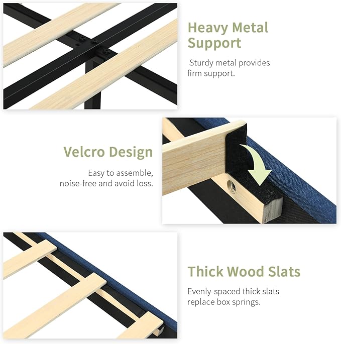 Full Bed Frame with Headboard and Storage, Upholstered Platform Bed with Tufted Headboard, Fabric Bed Frame with Wooden Slats Support, No Box Spring Required, Easy Assembly, Blue